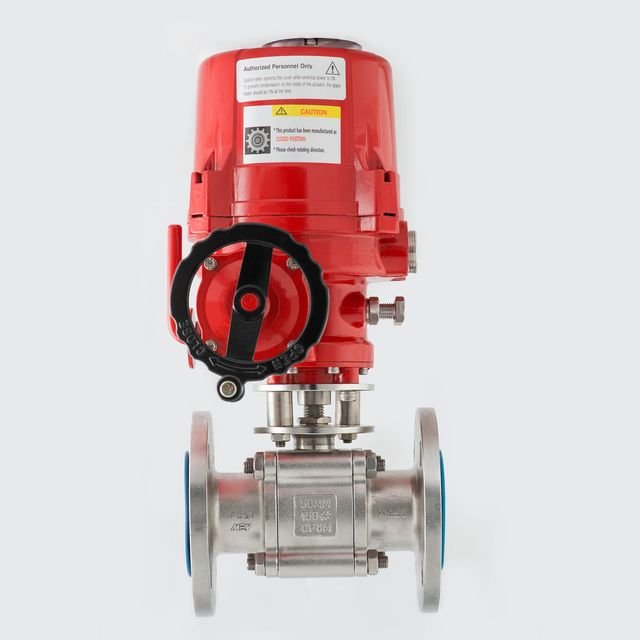 AEW flanged ball valve with red electric actuator, front view