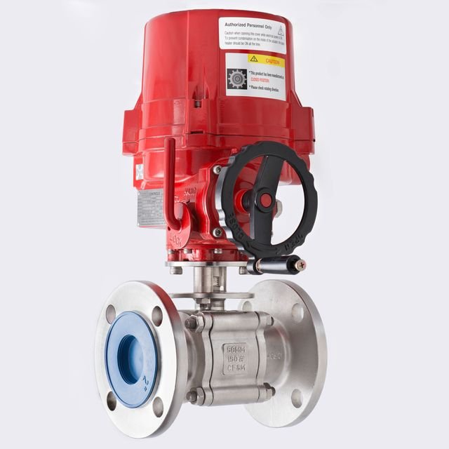 AEW flanged ball valve with red electric actuator, three-quarter view