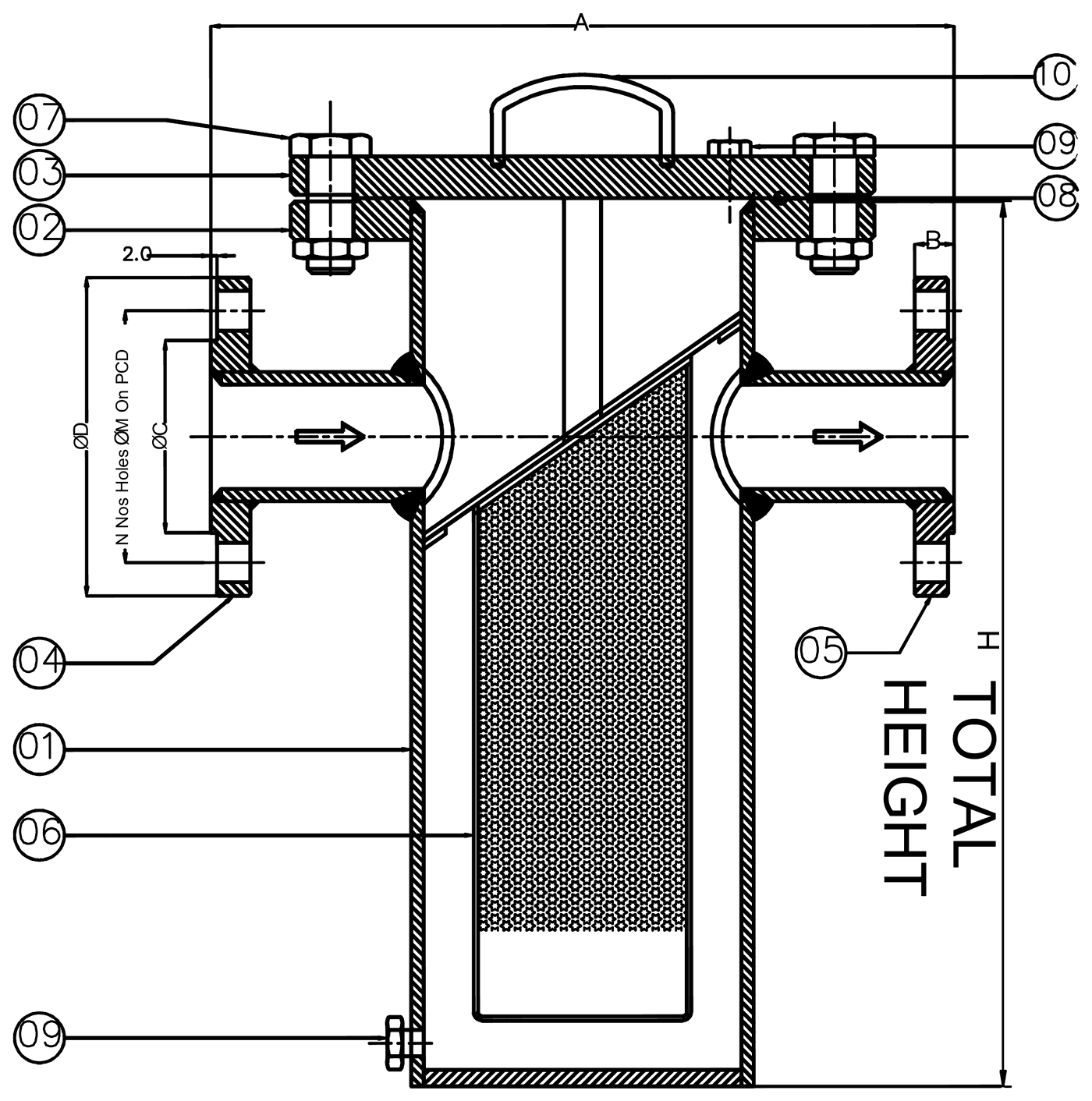 General-arrangement drawing of an AEW basket strainer, Class 150, with balloon callouts 1 to 10